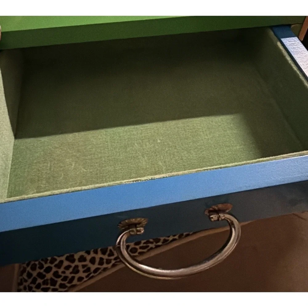 VTG Japan Wooden Mini Jewelry Chest 4 Drawer Tabletop Dresser Blue Green Whimsy